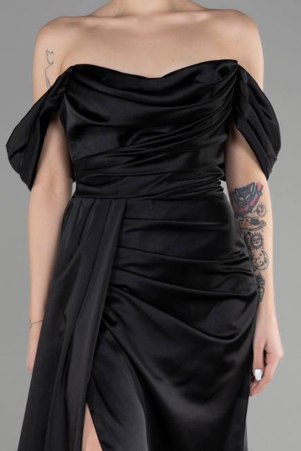 Robe de Soirée Longue Satin Noir ABU3514