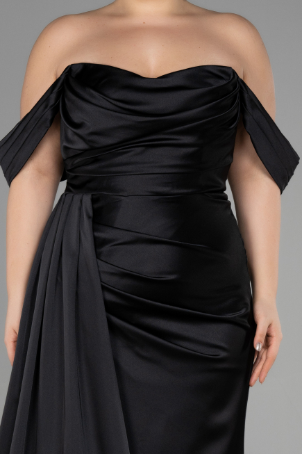 Robe Grande Taille Longue Satin Noir ABU3515