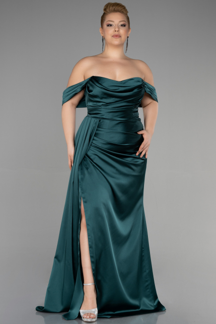 Robe Grande Taille Longue Satin Émeraude ABU3515