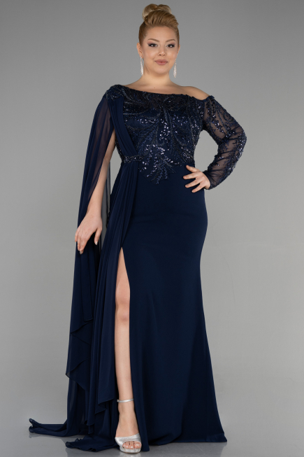 Robe de Soirée Grande Taille Longue Dantelle Bleu Marine ABU3512