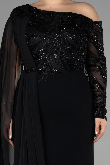 Robe de Soirée Grande Taille Longue Dantelle Noir ABU3512