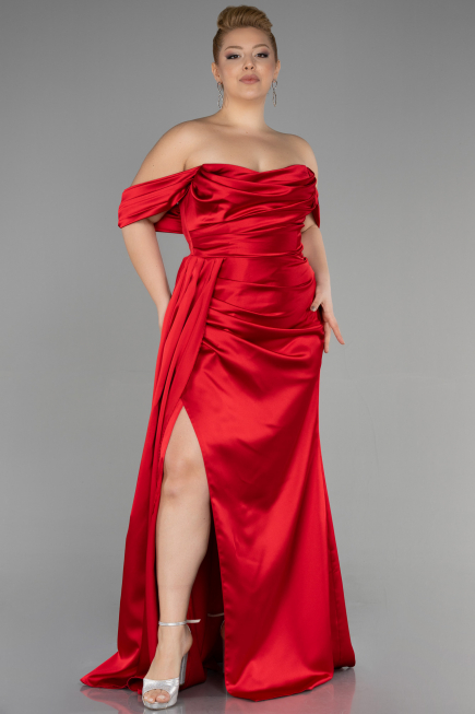 Robe Grande Taille Longue Satin Rouge ABU3515