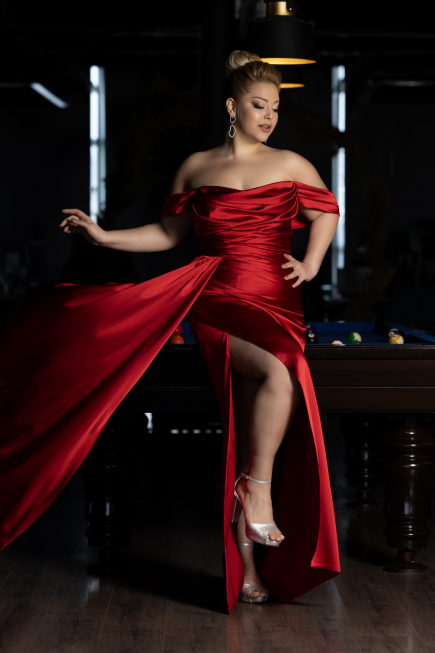 Robe Grande Taille Longue Satin Rouge ABU3515