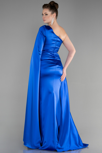 Robe de Soirée Longue Satin Bleu Saxe ABU3545