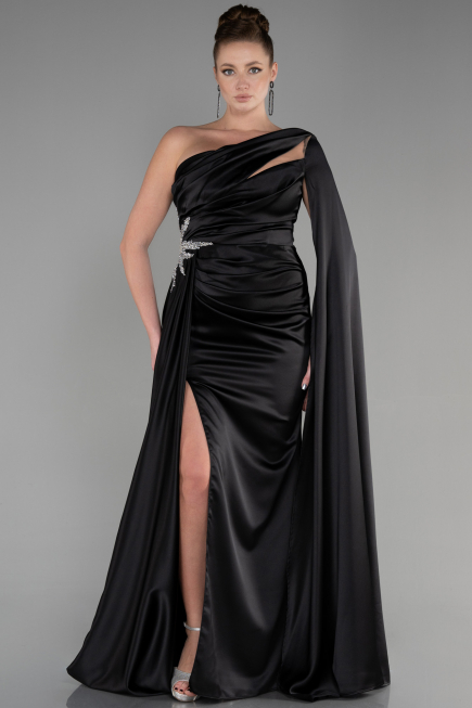 Robe de Soirée Longue Satin Noir ABU3545