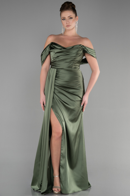 Robe de Soirée Longue Satin Kaki ABU3514