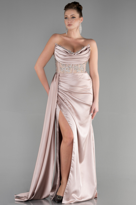 Robe De Soirée Satin Longue Cappuccino ABU3536