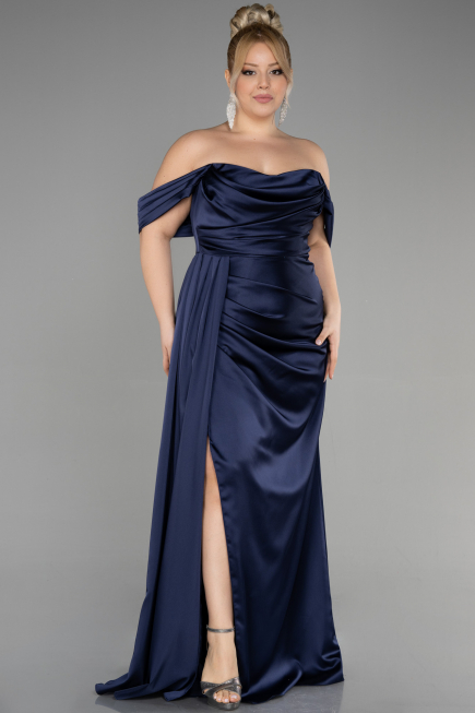 Robe Grande Taille Longue Satin Bleu Marine ABU3515