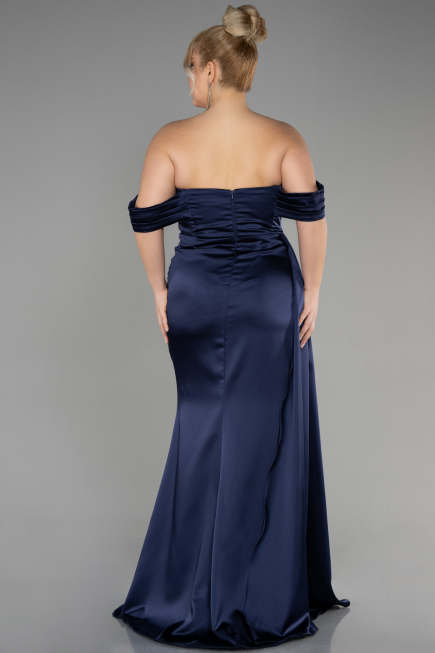 Robe Grande Taille Longue Satin Bleu Marine ABU3515