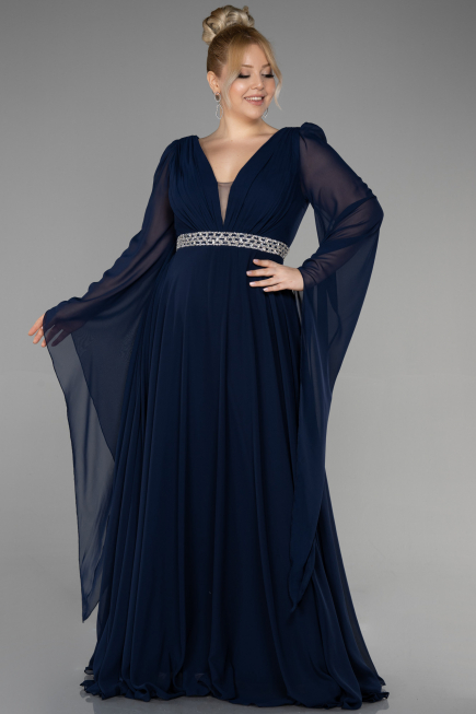 Robe de Soirée Grande Taille Longue Mousseline Bleu Marine ABU3543