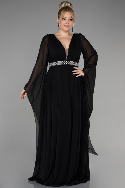 Robe de Soirée Grande Taille Longue Mousseline Noir ABU3543