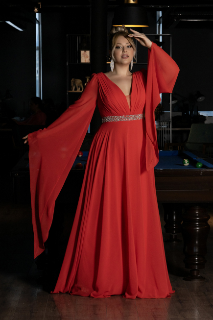 Robe de Soirée Grande Taille Longue Mousseline Corail ABU3543
