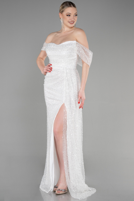 Robe de Soirée Longue Squameuse Blanc ABU3577