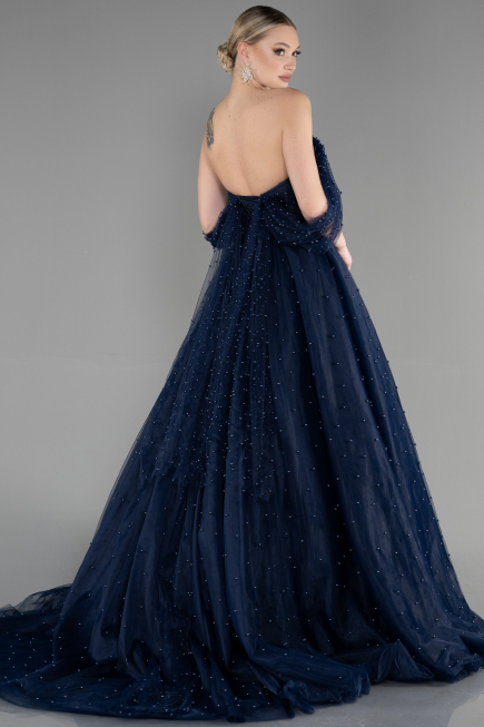 Robe Haute Couture Longue Bleu Marine ABU3599