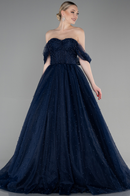 Robe Haute Couture Longue Bleu Marine ABU3599