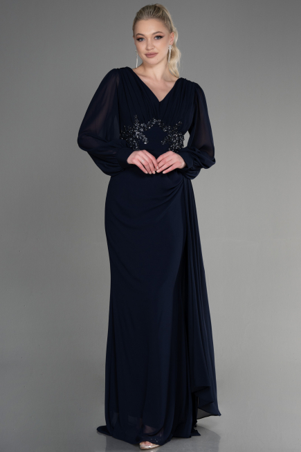 Robe de Soirée Longue Mousseline Bleu Marine ABU3627