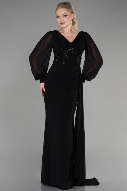 Robe de Soirée Longue Mousseline Noir ABU3627