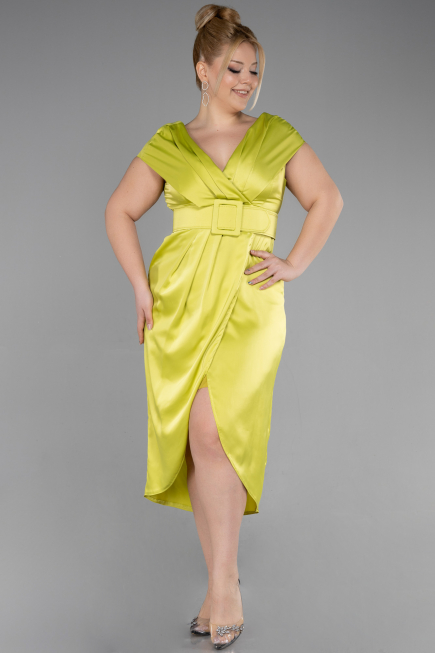 Robe De Soirée Grande Taille Satin Midi Pistache vert ABK1499
