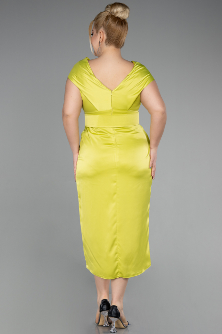 Robe De Soirée Grande Taille Satin Midi Pistache vert ABK1499