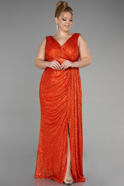 Robe de Soirée Grande Taille Longue Squameuse Orange ABU3194