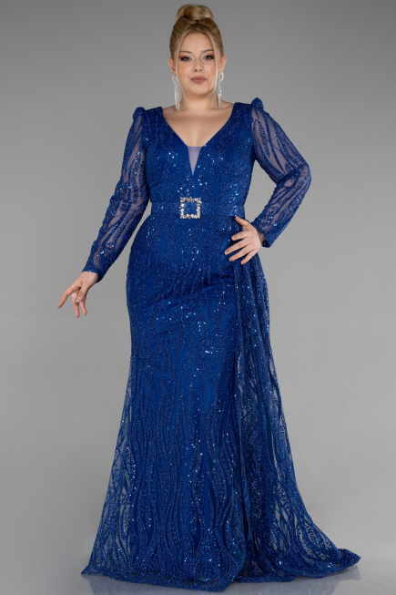 Robe De Fiançailles Grande Taille Longue Bleu Saxe ABU3562