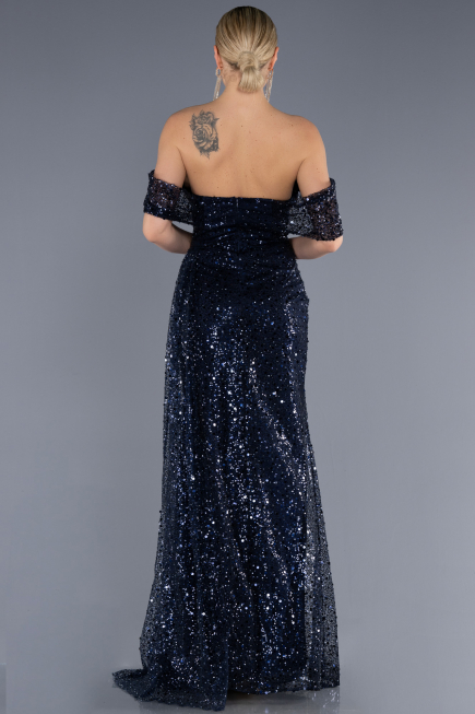 Robe de Soirée Longue Squameuse Bleu Marine ABU3577