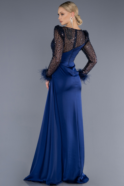 Robe de Soirée Longue Satin Bleu Marine ABU3673
