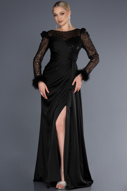 Robe de Soirée Longue Satin Noir ABU3673