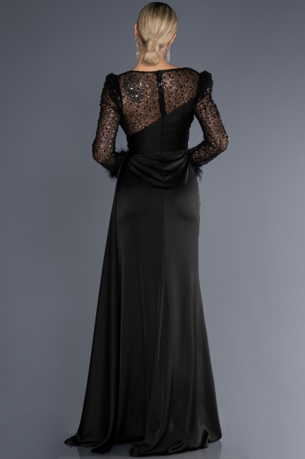 Robe de Soirée Longue Satin Noir ABU3673