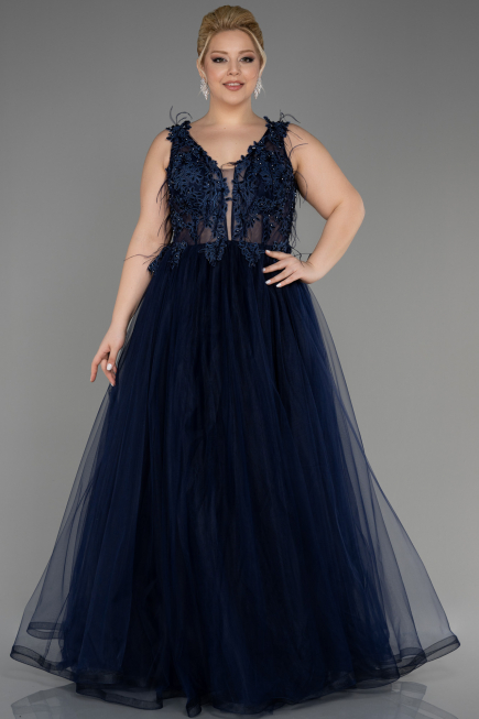 Robe De Fiançailles Grande Taille Longue Bleu Marine ABU3719
