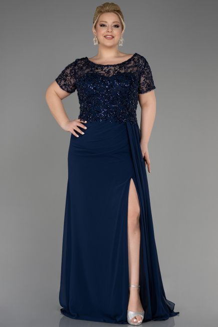Robe De Fiançailles Grande Taille Longue Mousseline Bleu Marine ABU3731