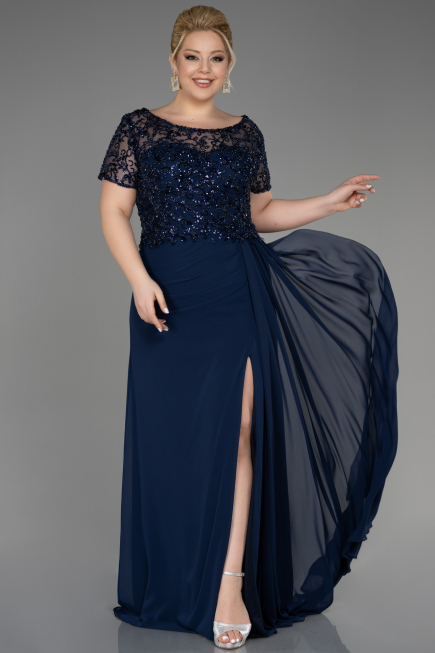 Robe De Fiançailles Grande Taille Longue Mousseline Bleu Marine ABU3731