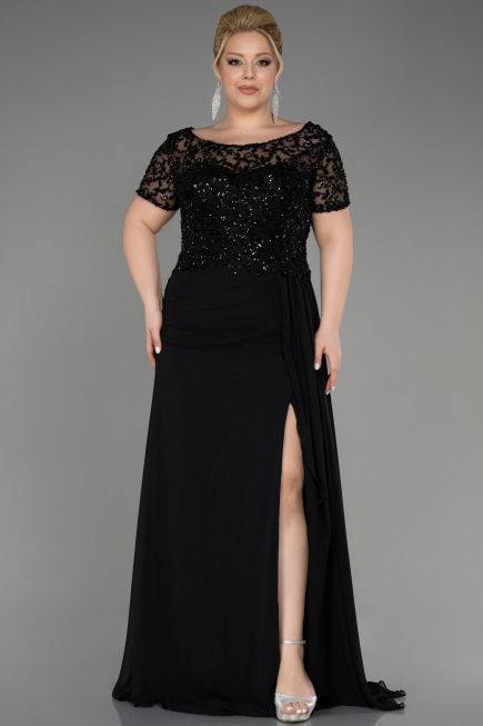 Robe De Fiançailles Grande Taille Longue Mousseline Noir ABU3731
