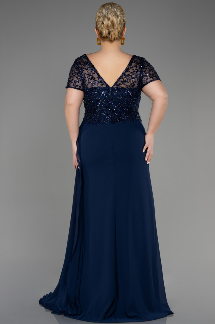 Robe De Fiançailles Grande Taille Longue Mousseline Bleu Marine ABU3731