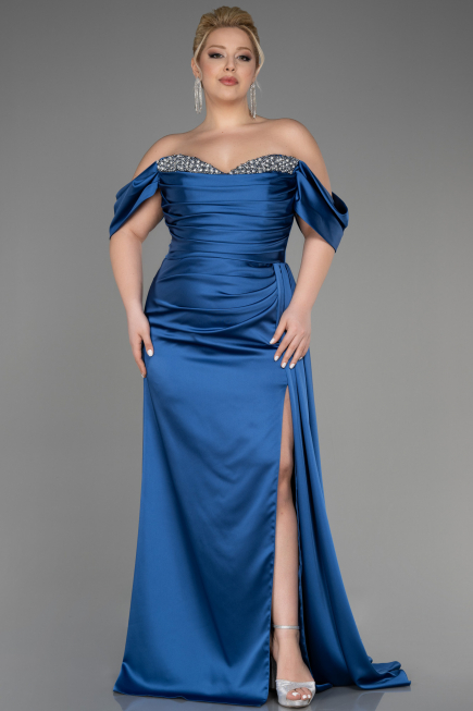 Robe De Fiançailles Grande Taille Longue Satin Indigo ABU3655