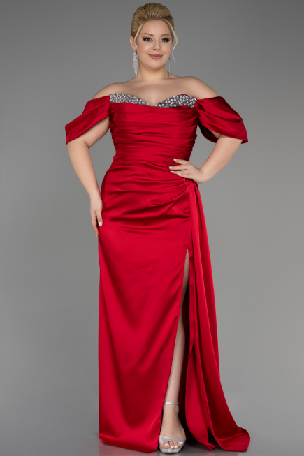 Robe De Fiançailles Grande Taille Longue Satin Rouge ABU3655