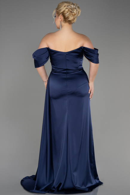 Robe De Fiançailles Grande Taille Longue Satin Bleu Marine ABU3655