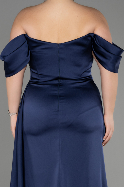 Robe De Fiançailles Grande Taille Longue Satin Bleu Marine ABU3655
