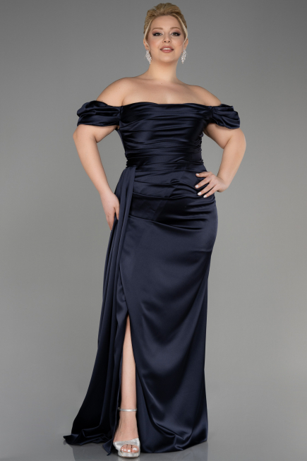 Robe De Soirée Grande Taille Satin Longue Bleu Marine ABU1626