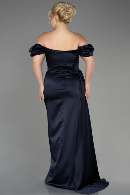 Robe De Soirée Grande Taille Satin Longue Bleu Marine ABU1626