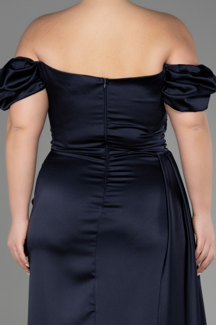 Robe De Soirée Grande Taille Satin Longue Bleu Marine ABU1626