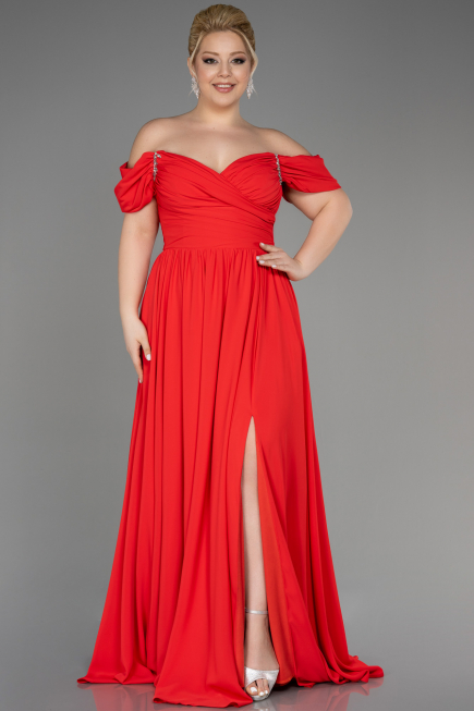Robe de Soirée Grande Taille Longue Mousseline Corail ABU3738