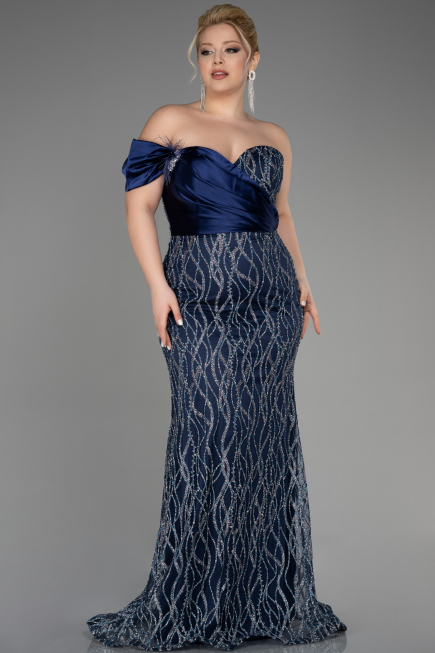 Robe De Fiançailles Grande Taille Longue Bleu Marine ABU3739