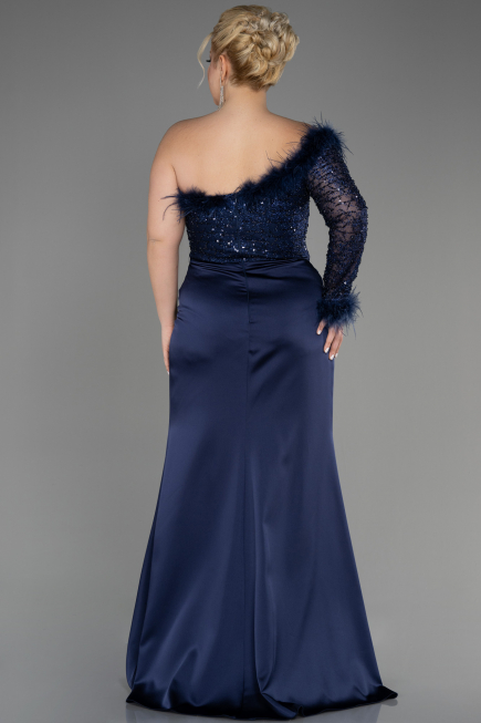 Robe De Fiançailles Grande Taille Longue Satin Bleu Marine ABU3741