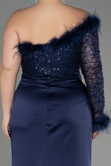 Robe De Fiançailles Grande Taille Longue Satin Bleu Marine ABU3741
