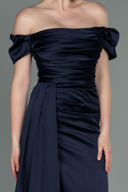 Robe De Fiançaille Satin Longue Bleu Marine ABU1606