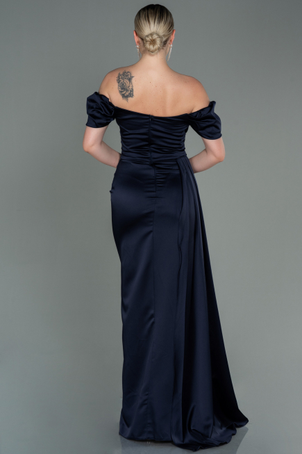 Robe De Fiançaille Satin Longue Bleu Marine ABU1606