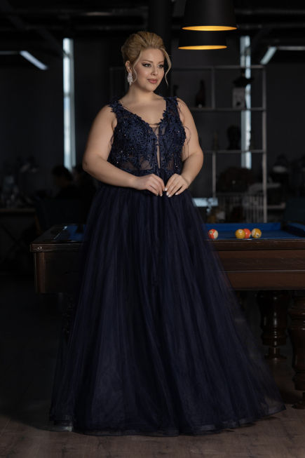 Robe De Fiançailles Grande Taille Longue Bleu Marine ABU3719