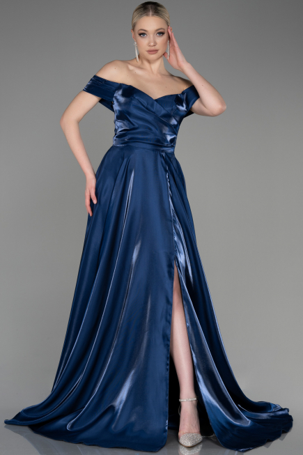 Robe de Soirée Longue Satin Bleu Marine ABU3774