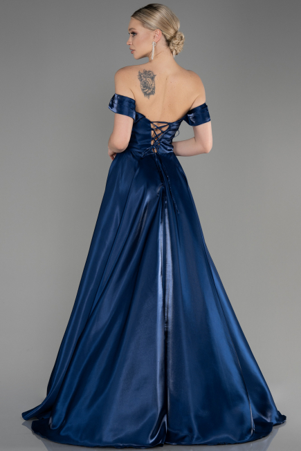 Robe de Soirée Longue Satin Bleu Marine ABU3774